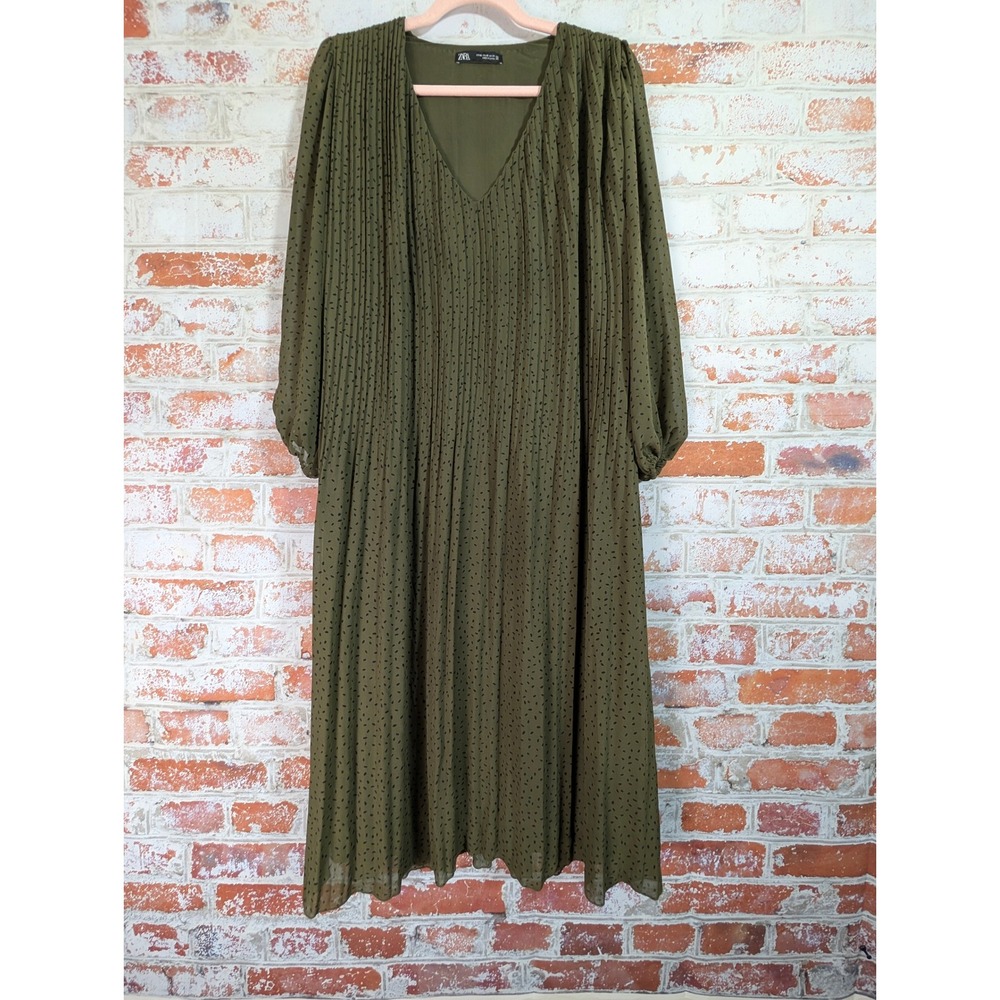 Zara Pleated Midi Dress Womens XS Green Polka Dot Long Sleeve V-Neck